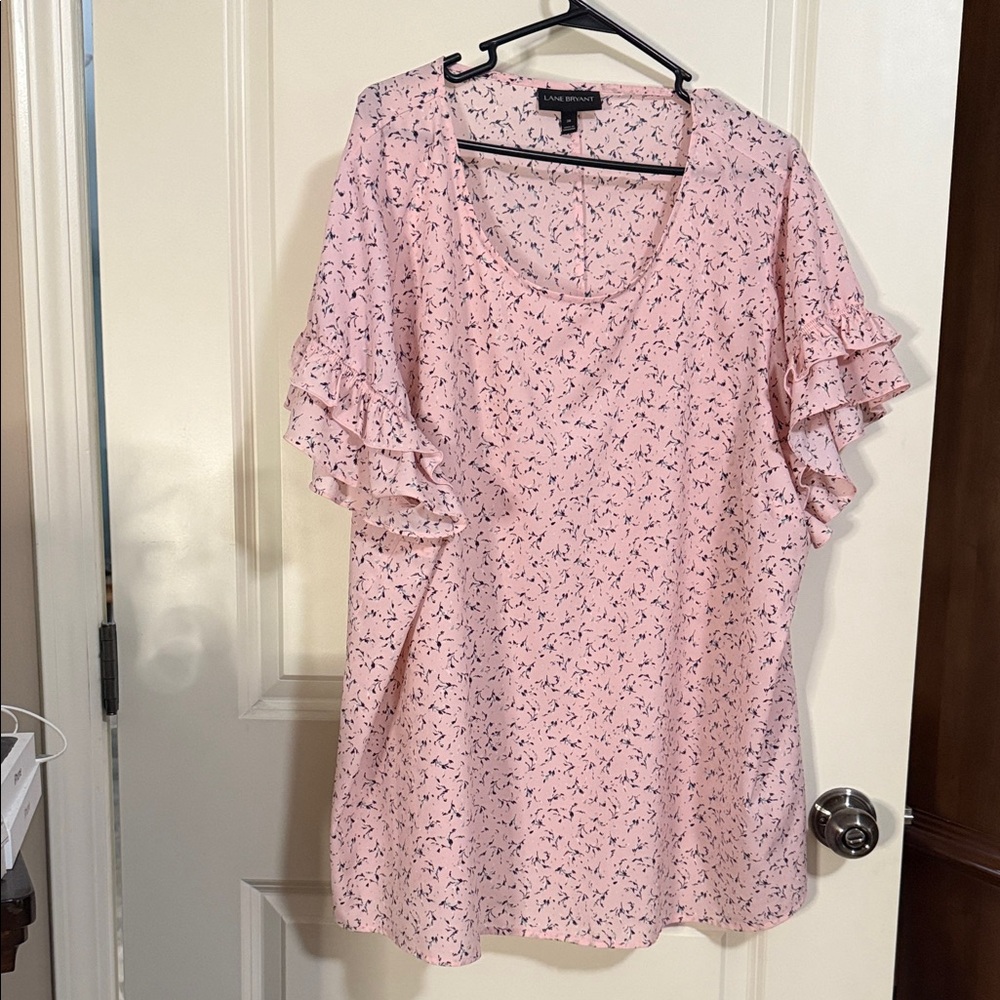 Lane Bryant Pink Floral Blouse with Ruffle Sleeves